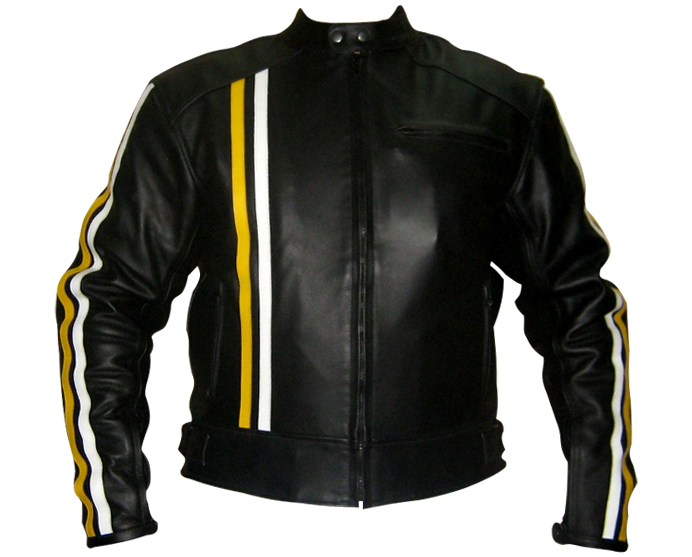 Black Colour Motorbike Leather Jacket With Yellow White Stripes